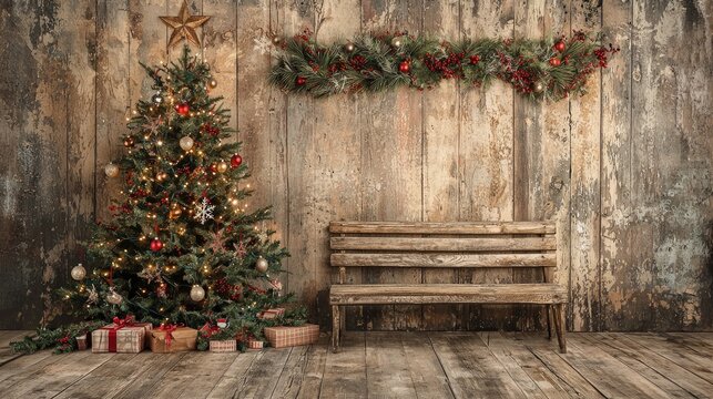 A Christmas-themed photography backdrop for photos, featuring wooden flooring, a distressed wood texture, a large Christmas tree .
