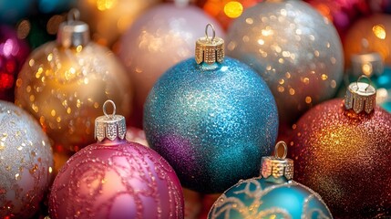 Festive Christmas ornaments in a variety of bright colorful and shimmering designs creating a joyful and celebratory holiday display  The ornaments hang in a cozy and festive atmosphere