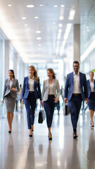 Busy business people walking in office lobby fast moving with blurry.