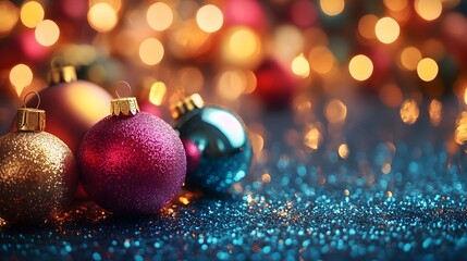Fototapeta premium Vibrant and Joyful Christmas Party Backdrop with Colorful Ornaments Twinkling Holiday Lights and Shimmering Glitter creating a Festive Setting