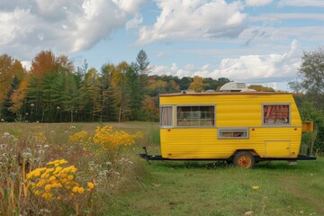 Vintage Yellow Camper Transformed into a Trendy Outdoor Space for Summer Adventures