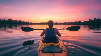 A woman kayaking in water at sunset