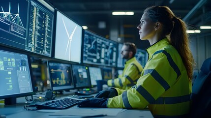 Maintenance Crew in Wind Turbine Control Room Monitoring Performance Data