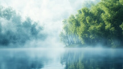 A serene lake with fog rolling in over the trees on a misty morning.