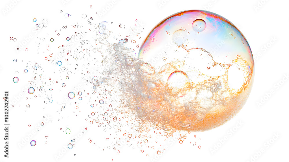 Poster closeup of a delicate,transparent soap bubble floating in the air,with a shimmering,iridescent sheen