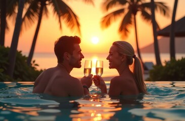 Happy christmas santa couple in hot tub. Vacation.