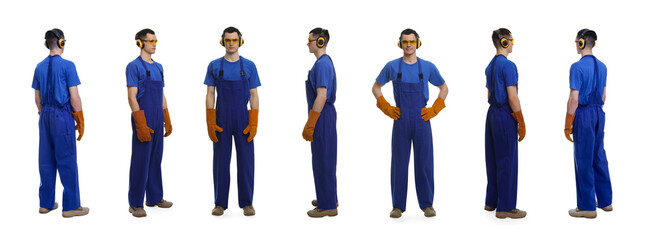 Man in workwear on white background, collage of photos