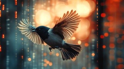 Obraz premium A small bird with black, white, and grey plumage flies with its wings spread wide, with an orange and blue bokeh background.