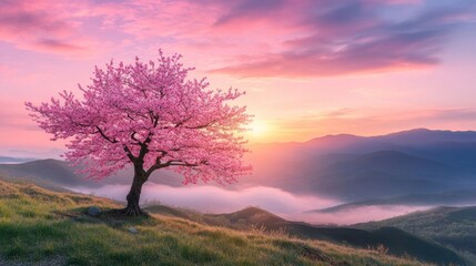 Obraz premium A lone cherry blossom tree in full bloom stands on a hillside overlooking a misty valley at sunrise.