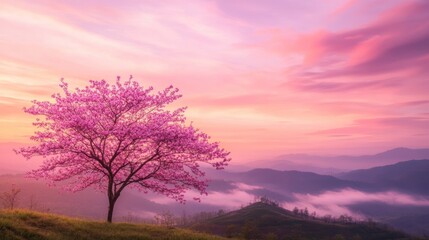A lone pink tree stands on a hillside with a hazy pink sunset in the background.