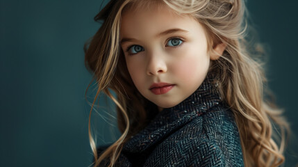 fashion portrait of a 7 year old Caucasian girl dark blue