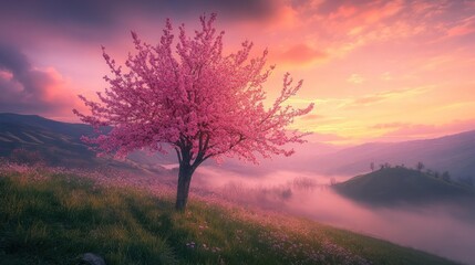 Fototapeta premium Pink tree on a grassy hillside with fog and a pink sunset in the background.