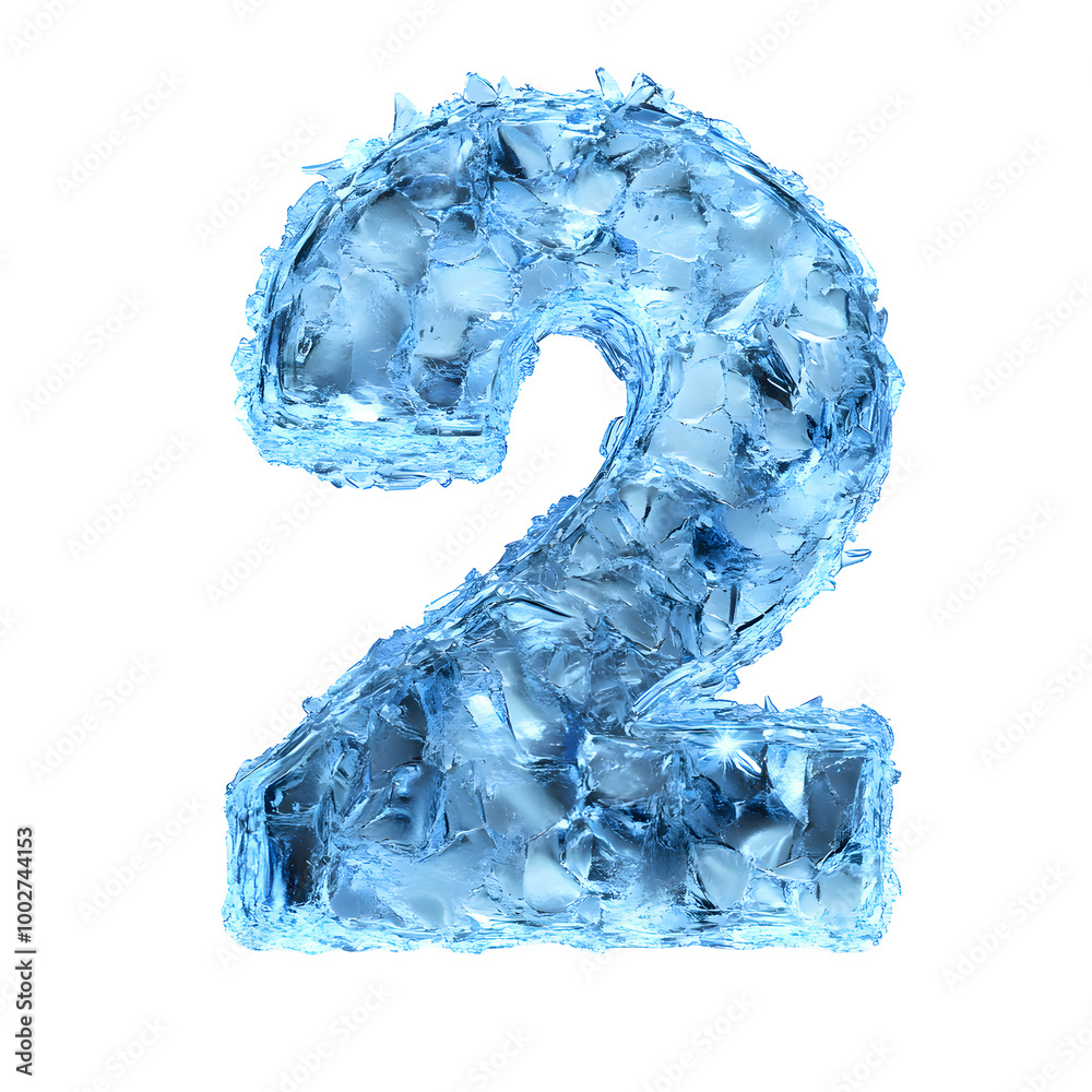 Poster closeup of a frozen number 2 symbol made of ice crystals and cold blue tones. minimalist and abstrac