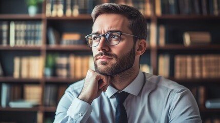 Fototapeta premium Thoughtful young businessman in glasses sitting in a library, looking away.