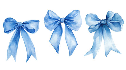 set of Trendy Blue Coquette ribbon bow Watercolor hand painting soft pastel.
