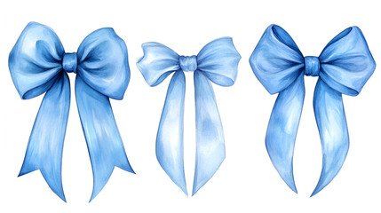 set of Trendy Blue Coquette ribbon bow Watercolor hand painting soft pastel.