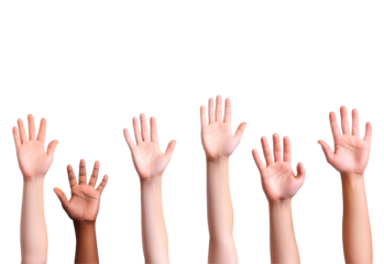 Diverse group of hands raised high, symbolizing unity isolate on transparent background, png, cutout