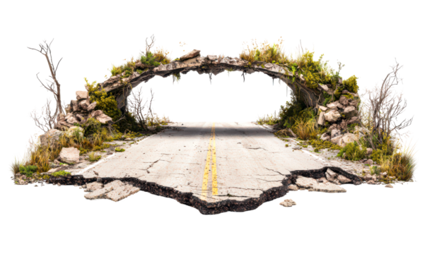 Deserted road disappears into a mysterious cave isolate on transparent background, png, cutout