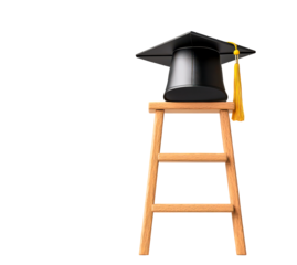 Graduation cap placed on a wooden ladder isolate on transparent background, png, cutout