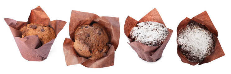 Different yummy muffins isolated on white, set