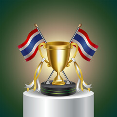 Gold trophy with Thailand flag and cup with and without cover on gradation color background. Rewards for successful sports