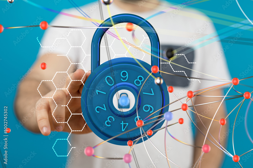Poster Information technology protected with firewall, secure access and encryption against cyber - 3d