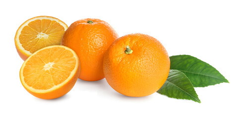 Fresh ripe oranges and green leaves on white background. Citrus fruit