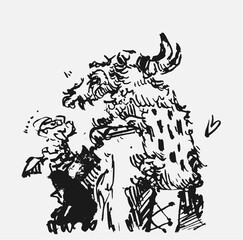 A detailed gothic illustration of a strange creature, holding a flower and a goat skull. Perfect for dark fantasy, gothic, and mystical art projects.