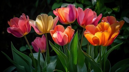 A close-up of colorful tulips with yellow, orange, and pink petals in a dark background.