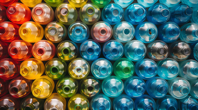 Full frame image of multicoloured green red blue Used plastic bottles background the concept of processing food grade plastic