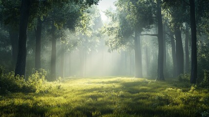 A misty morning in a dense forest, with soft sunlight barely breaking through