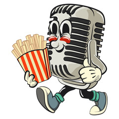 vintage microphone cartoon character mascot retro vector design brought a box of french fries, work of hand drawn