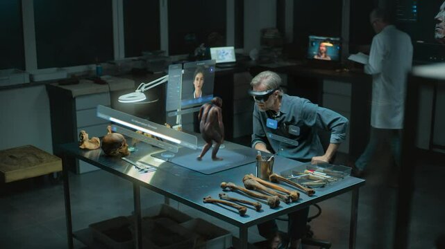 Advanced archaeological lab: Archaeologist in VR headset studies ancient human evolution in AI simulator, conducts research using augmented reality. 3D render of virtual display with AI assistant. VFX