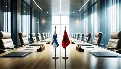 A modern conference room with Finland and Albania flags on a long table, symbolizing a bilateral meeting or diplomatic discussions between the two nations.