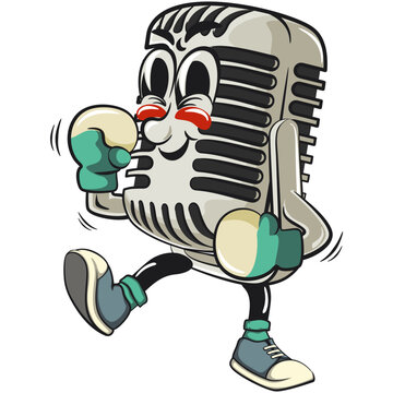 recommend clip art: vintage microphone cartoon character mascot retro vector design practicing boxing wearing boxing glove, work of hand drawn