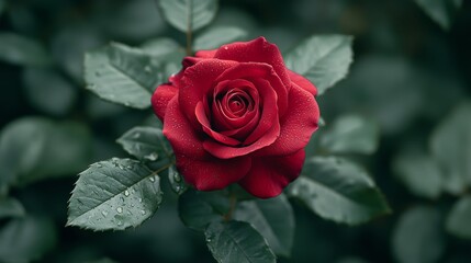 Fototapeta premium Red rose with raindrops in lush green