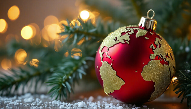 Red christmas ornament with world map celebrating christmas around the world
