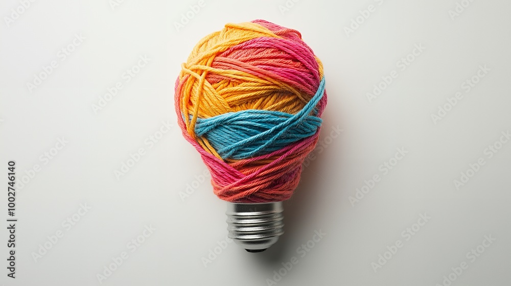 Wall mural A light bulb wrapped in colorful yarn on a white background.