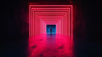 Fototapeta premium Dark abstract tunnel with neon accents, shadows, and glowing streaks, Abstract tunnel background, Dark neon theme
