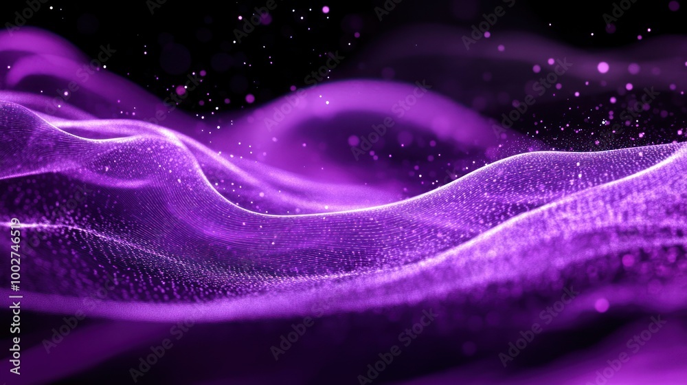 Wall mural abstract purple wave with glowing particles.