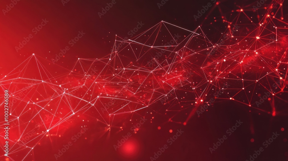 Wall mural abstract red background with glowing particles and geometric shapes.