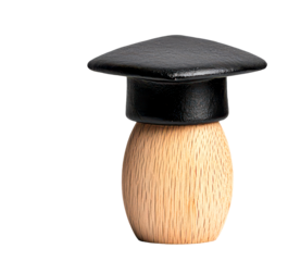Wooden figure wearing a graduation cap represents education and achievement isolate on transparent background, png, cutout