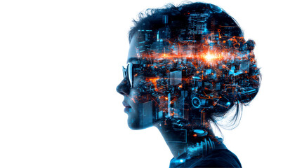 Woman's profile with her head filled with glowing circuitry isolate on transparent background, png, cutout, Double Exposure concept