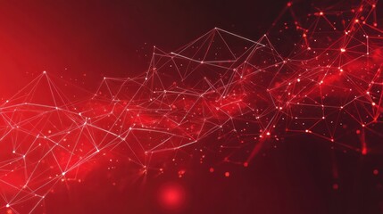 Abstract red background with glowing particles and geometric shapes.