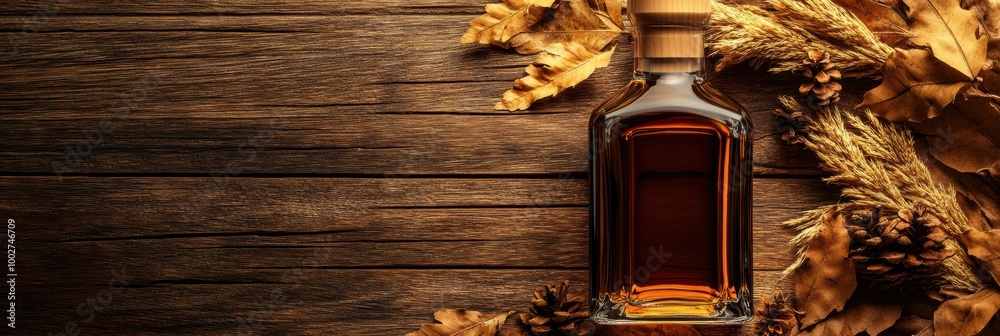 Aufkleber a close-up view of a whiskey bottle surrounded by autumn leaves on a rustic wooden surface. generati
