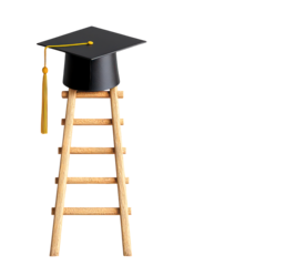 Graduation cap perched atop a wooden ladder isolate on transparent background, png, cutout