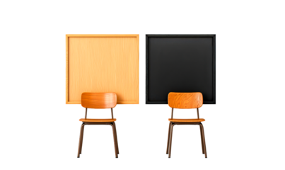 Stylish wooden chairs placed between contrasting color panels isolate on transparent background, png, cutout