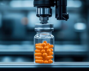 Automated machinery filling an orange capsule bottle in a modern manufacturing facility.