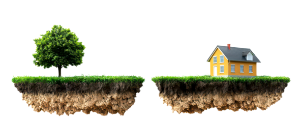 Two floating islands, one with a tree, the other with a house isolate on transparent background, png, cutout