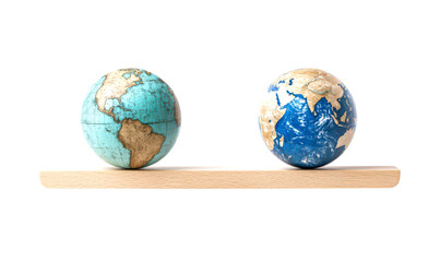 Two globes balanced on a wooden beam isolate on transparent background, png, cutout